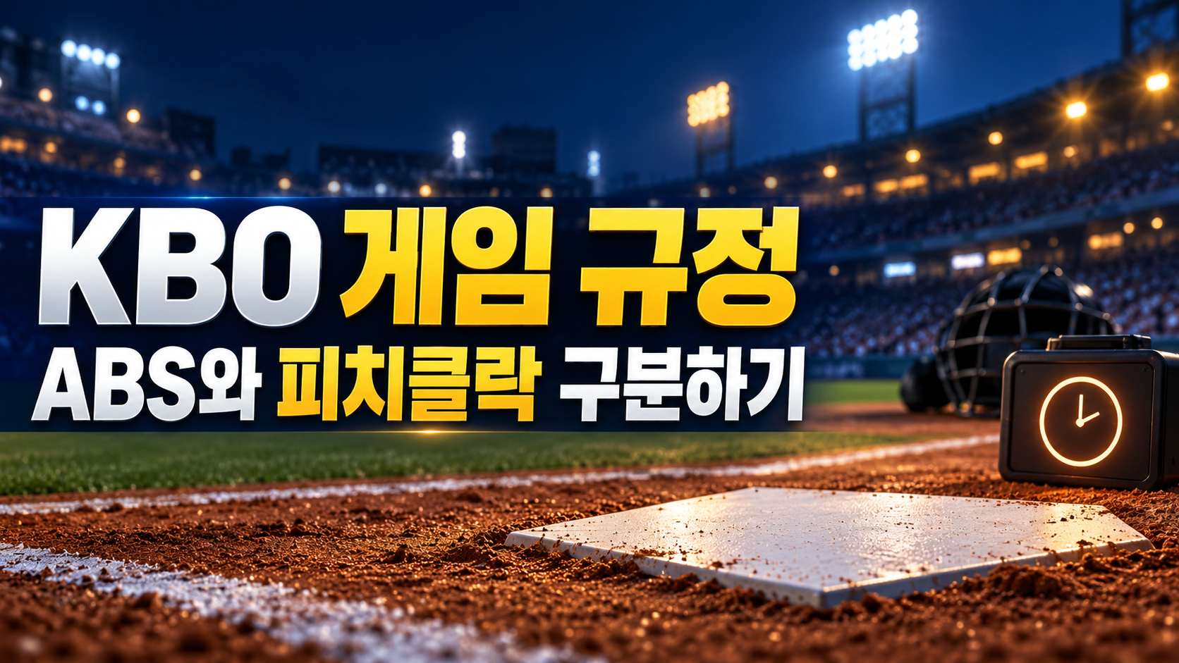 KBO 게임 규정 ABS와 피치클락 이해 Home plate beside a clock display and umpire mask in a night baseball stadium