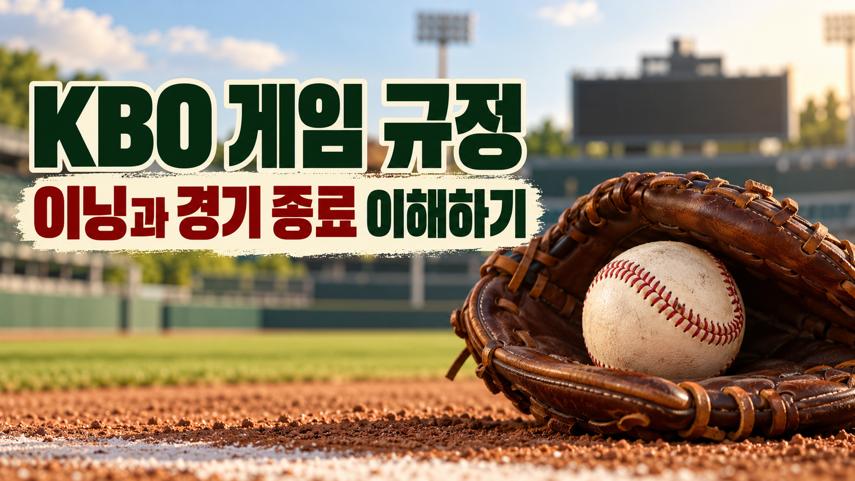 KBO 게임 규정 이닝과 경기 종료 이해 A baseball in a brown glove with a ballpark and scoreboard in the background
